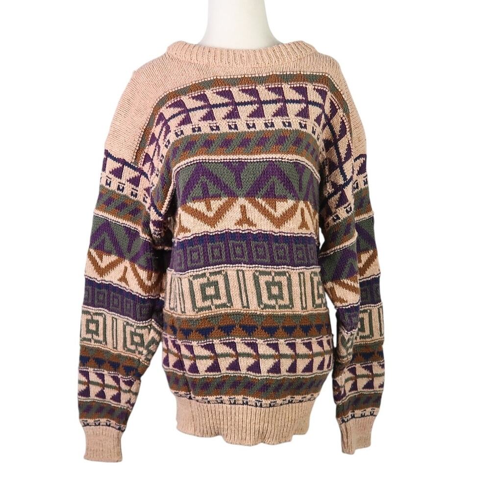 Vintage 90s Alps tan purple green geometric cotton sweater Mens L
